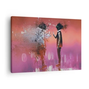 Obraz na plátne - Abstraktná scéna s futuristickou postavou a rozptýlenými prvkami. - 70x50cm - Je možné nahliadnuť do seba? - Moderná nástenná dekorácia do obývacej izby a spálne ARTTOR