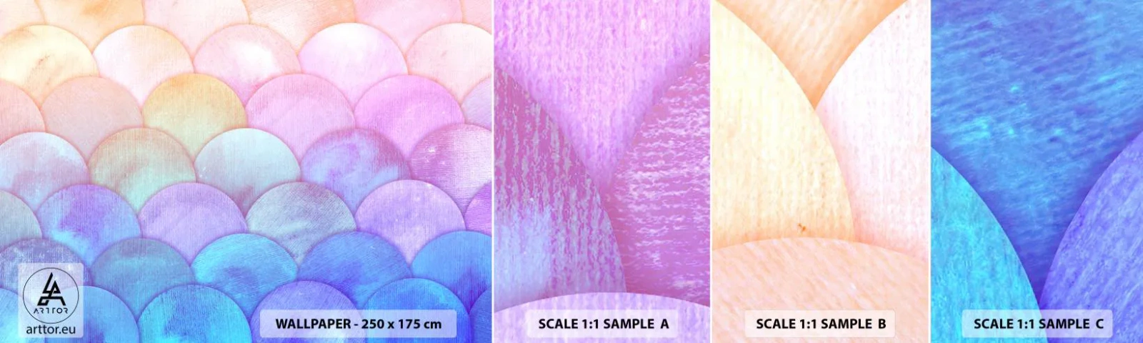 Vzorka samolepiacej fototapety Deluxe Sticker - Perleťová šupina - Pastel, Bubliny, Váhy - 100x30 cm