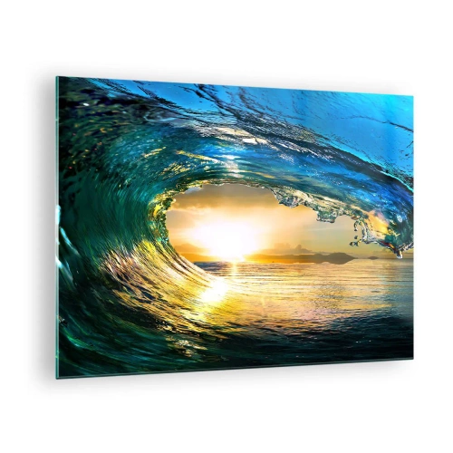 Obraz na skle - Oceánska vlna zachytená vo svetle zapadajúceho slnka - 70x50cm - V smaragdovo-zlatom krištáli - Moderná nástenná dekorácia do obývacej izby a spálne ARTTOR