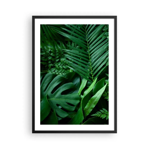 Plagát v čiernom ráme - Zelená papraď a palmové listy vytvárajú tropický vzor - 50x70cm - Objaté v zeleni - Moderná nástenná dekorácia do obývacej izby a spálne ARTTOR