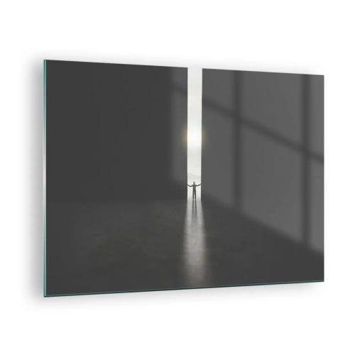 Obraz na skle - Silueta muža, ktorý otvára dvere do jasného svetla - 70x50cm - Krok k svetlej budúcnosti - Moderná nástenná dekorácia do obývacej izby a spálne ARTTOR