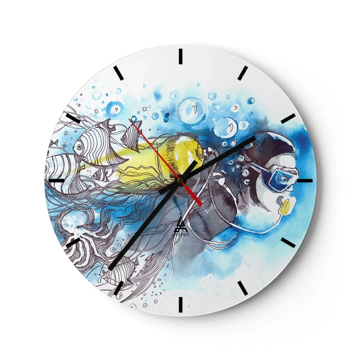 Nástenné hodiny - Potápač s farebnými rybami v podmorskom svete - 30x30cm - Veľká modrá - Moderná nástenná dekorácia do obývacej izby, kuchyne a spálne ARTTOR
