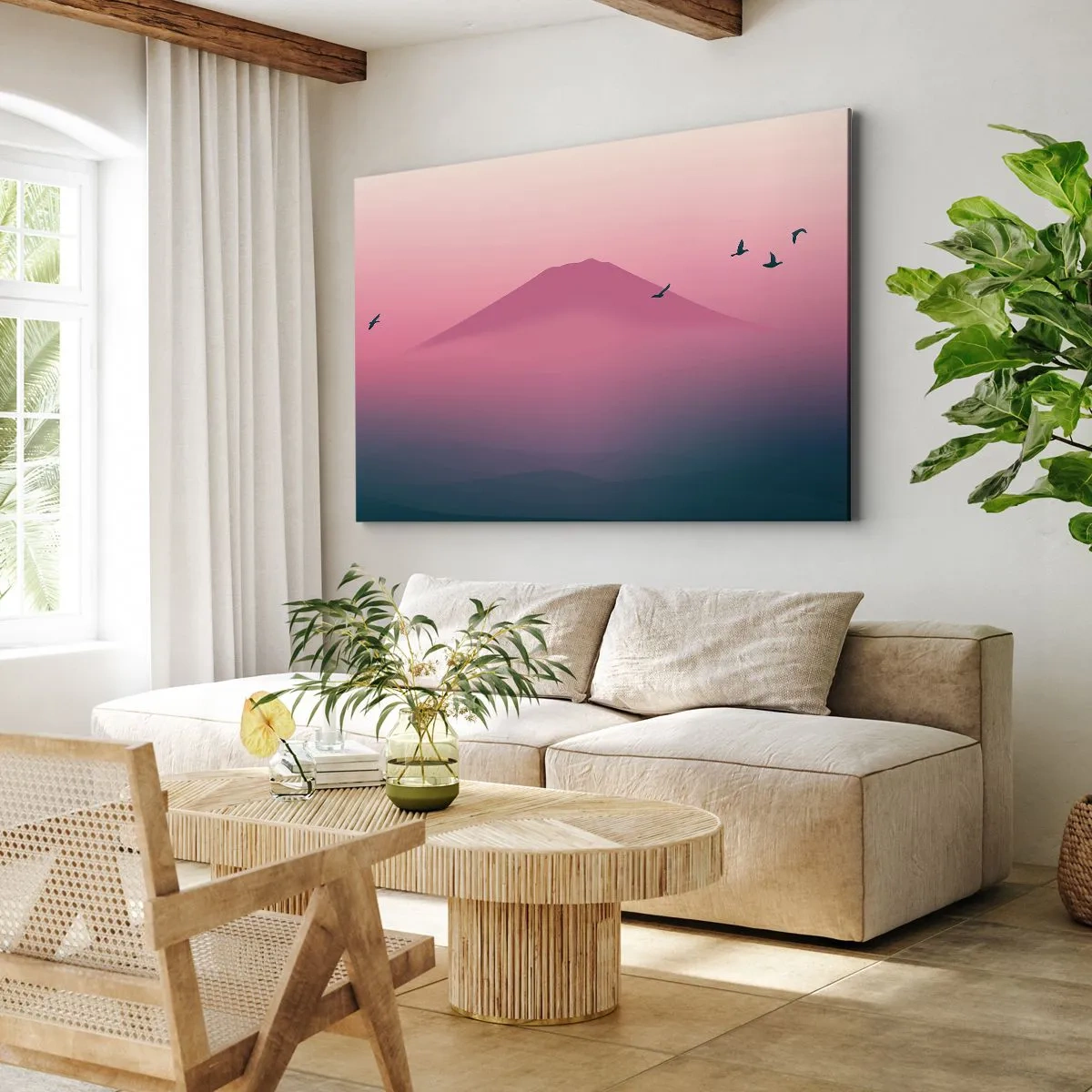 Obraz na plátne - Minimalistická krajina s horami a vtákmi pri východe slnka - 70x50cm - Pútnici nad oblakmi - Moderná nástenná dekorácia do obývacej izby a spálne ARTTOR