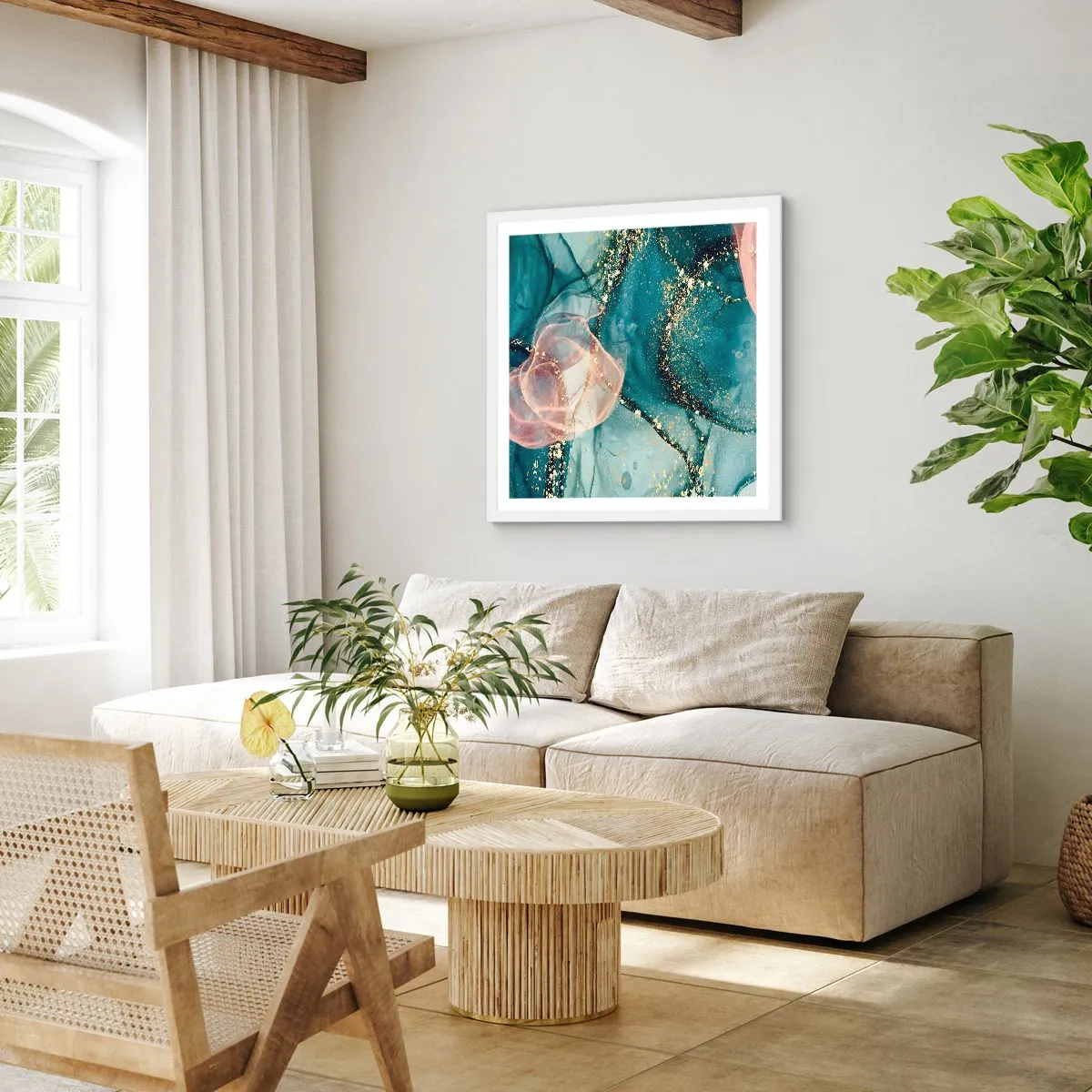 Plagát v bielom ráme - Modré hodváb modré, ružový tyl - 60x60 cm