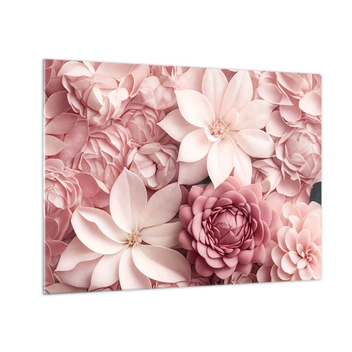 Obraz na skle - Jemné ružové kvety v kompozícii plnej lupeňov - 70x50cm - V ružových okvetných lístkoch - Moderná nástenná dekorácia do obývacej izby a spálne ARTTOR