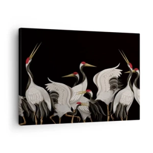 Obraz na plátne - Biele žeriavy s červenými akcentmi na čiernom pozadí - 70x50cm - Vtáčie záležitosti - Moderná nástenná dekorácia do obývacej izby a spálne ARTTOR
