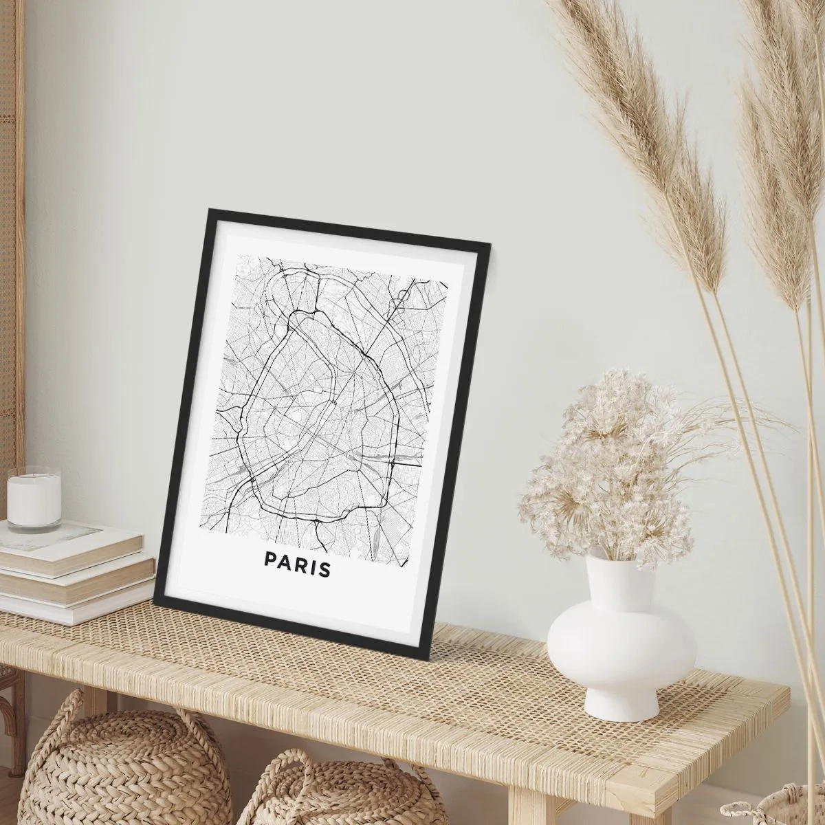 Plagát v čiernom ráme - Mapa Paríža v minimalistickom čiernobielom štýle. - 50x70cm - Kvet Paríža - Moderná nástenná dekorácia do obývacej izby a spálne ARTTOR