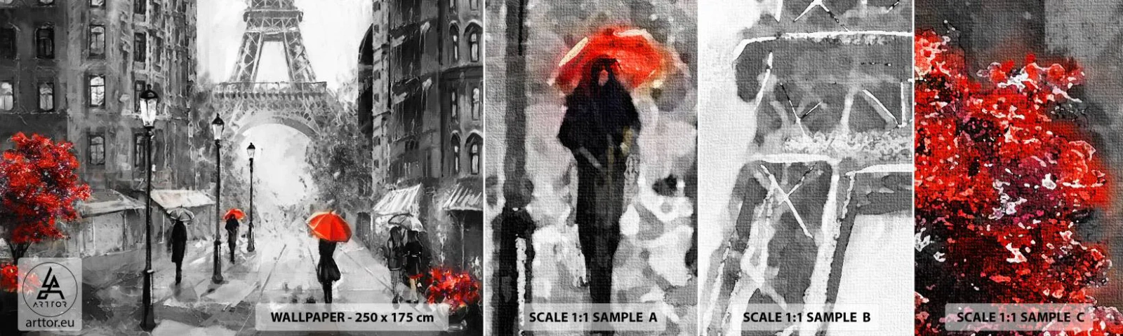 Vzorka samolepiacej fototapety Deluxe Sticker - Všetky cesty vedú k nej - Mesto, Paríž, Eiffelova veža - 100x30 cm