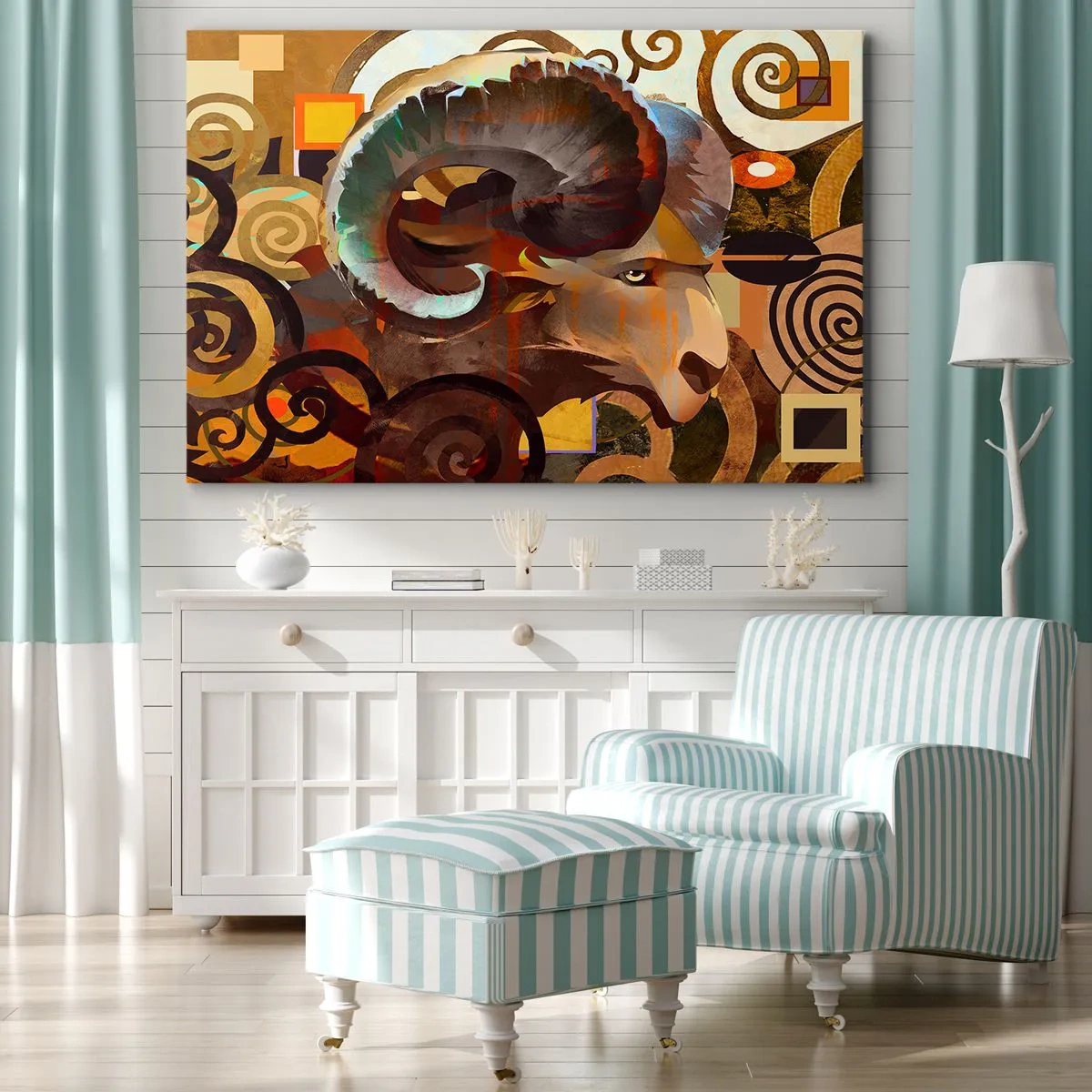 Obraz na plátne - Symbolický baran v abstraktnej kompozícii - 70x50cm - Mágia - náboženstvo - rituály - Moderná nástenná dekorácia do obývacej izby a spálne ARTTOR