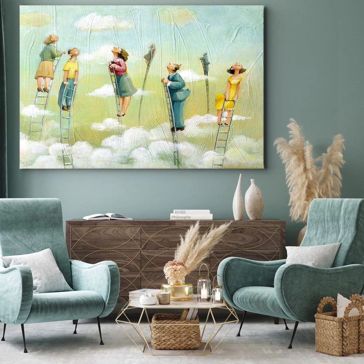 Obraz na plátne - Postavy lezúce po rebríkoch medzi oblakmi na pastelovom pozadí. - 70x50cm - Za svojim snom - Moderná nástenná dekorácia do obývacej izby a spálne ARTTOR