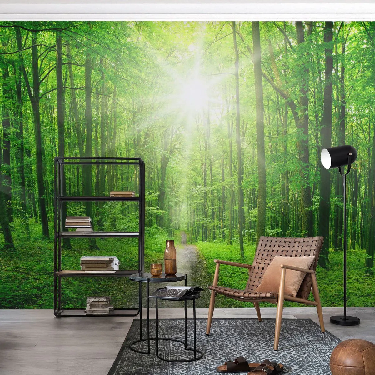 Fototapeta Standard Eco - Zelený les so slnečnými lúčmi a cestičkou pomedzi stromy - 100x70cm - Zelená katedrála - Moderná nástenná dekorácia do obývacej izby a spálne ARTTOR