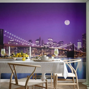 Samolepiaca Fototapeta Deluxe Sticker - Svetlá veľkomesta vo fialovej - Mesto, New York, Brooklynský most - 350x256 cm