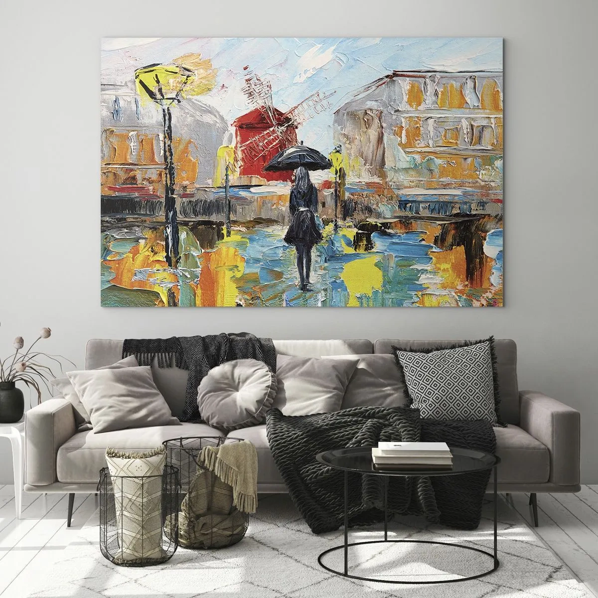 Obraz na skle - Žena s dáždnikom na pozadí mesta v štýle impresionizmu - 70x50cm - Parížske legendy - Moderná nástenná dekorácia do obývacej izby a spálne ARTTOR