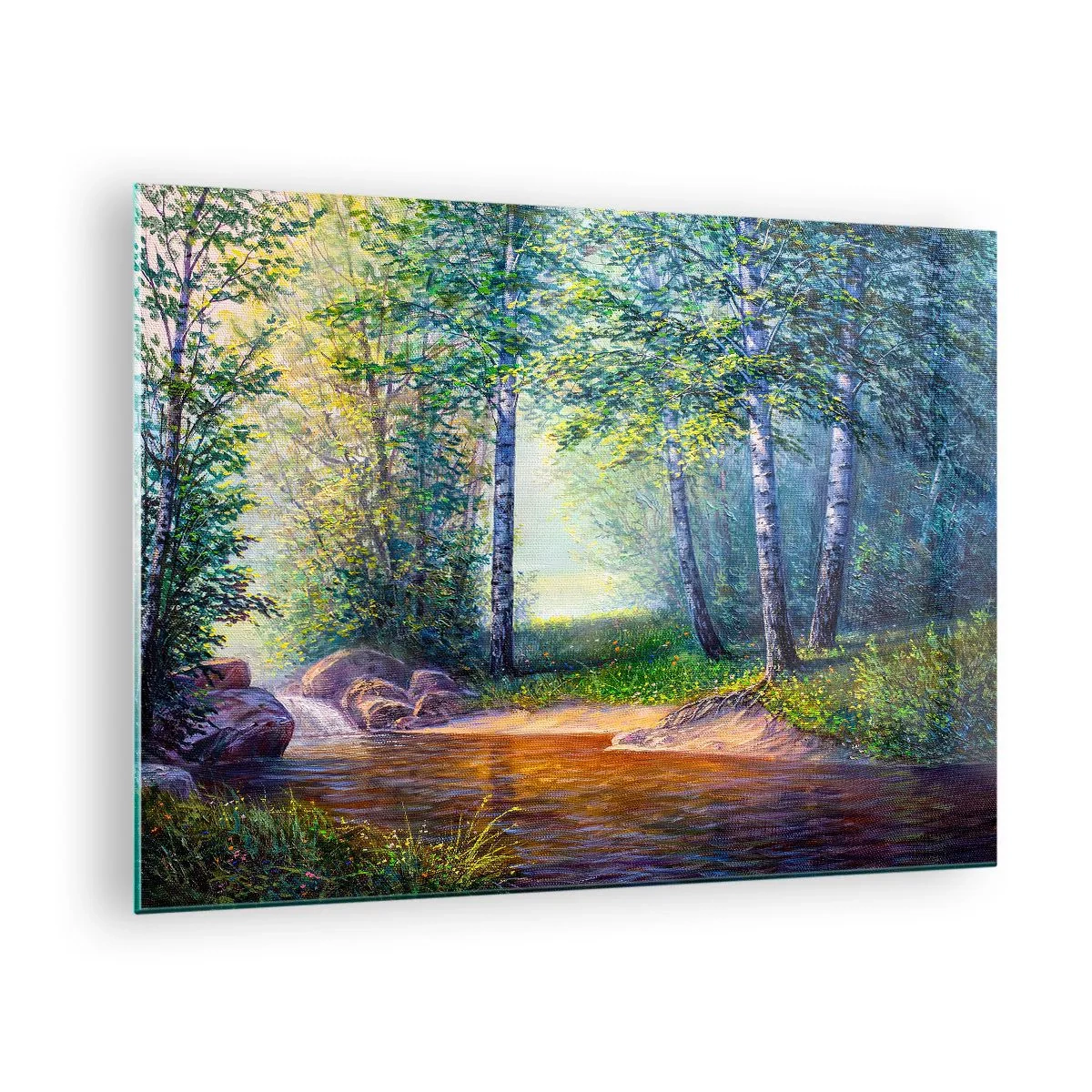 Obraz na skle - Lesný potok obklopený stromami v slnečných lúčoch - 70x50cm - Idylické prostredie - Moderná nástenná dekorácia do obývacej izby a spálne ARTTOR