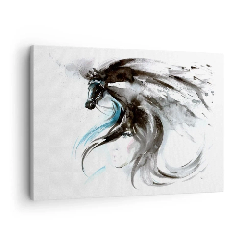 Obraz na plátne - Žena a kôň v mystickom akvarelovom obraze plnom dynamiky - 70x50cm - Cval Čierneho kniežaťa - Moderná nástenná dekorácia do obývacej izby a spálne ARTTOR
