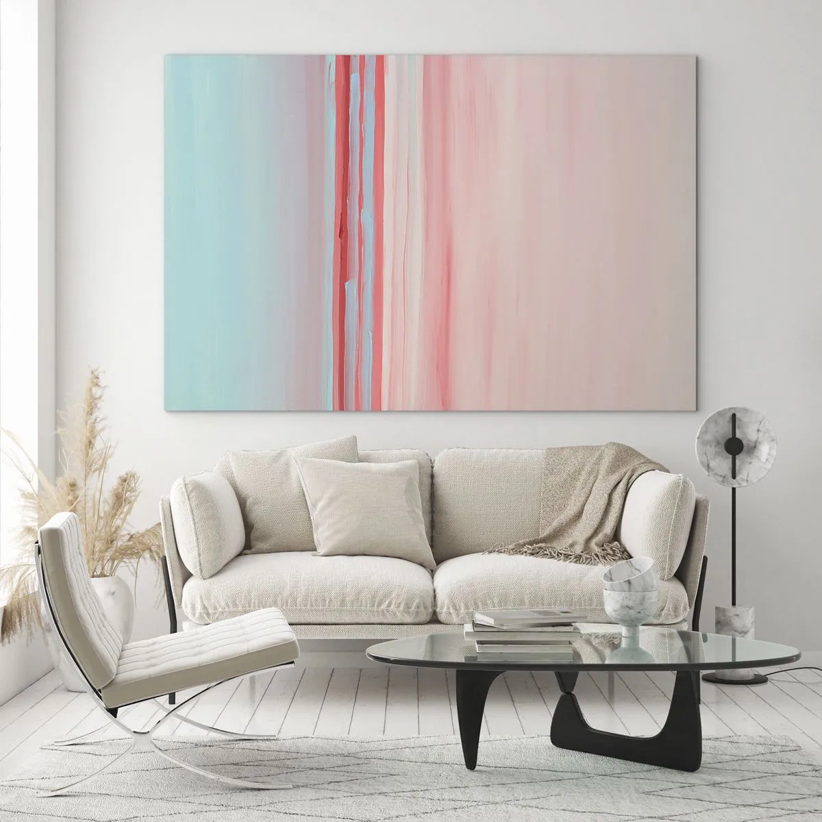 Obraz na skle - Zvislé pruhy v pastelových odtieňoch ružovej a modrej - 70x50cm - Abstrakcia za úsvitu - Moderná nástenná dekorácia do obývacej izby a spálne ARTTOR