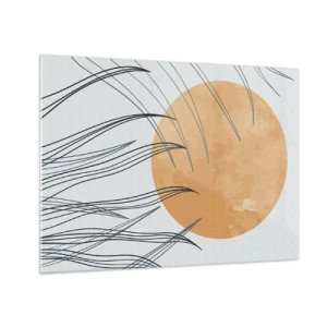 Obraz na skle - Oranžové slnko s dynamickými čiarami na svetlom pozadí - 70x50cm - Vždy ku slnku - Moderná nástenná dekorácia do obývacej izby a spálne ARTTOR