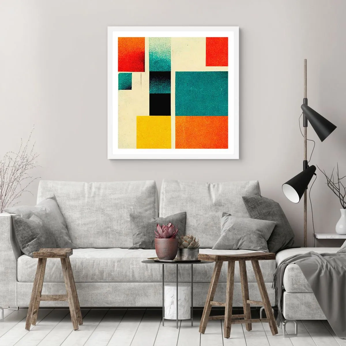 Plagát v bielom ráme - Geometrická abstrakcia – dobrá energia - 50x50 cm