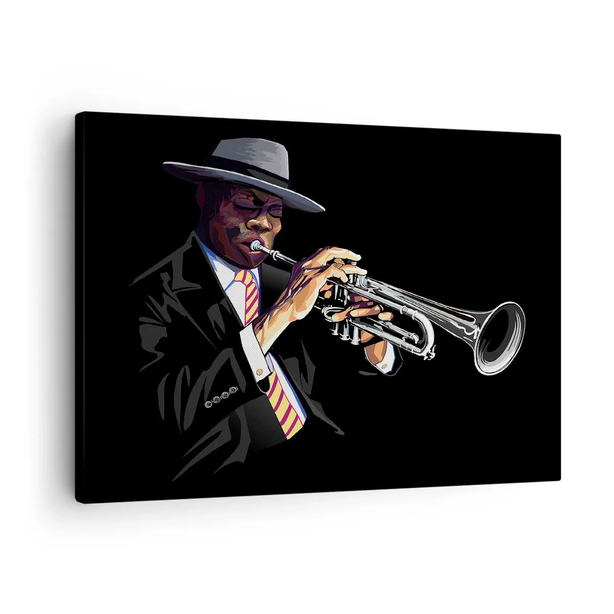 Obraz na plátne - Hudobník hrajúci na trúbku na čiernom pozadí - 70x50cm - Kúzlo starej školy - Moderná nástenná dekorácia do obývacej izby a spálne ARTTOR