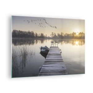 Obraz na skle - Ráno pri jazere s mólom - 70x50cm - Časom sa vrátim - Moderná nástenná dekorácia do obývacej izby a spálne ARTTOR