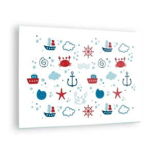 Obraz na skle - Námorné vzory s krabami, kotvami a loďami - 70x50cm - Morská rozprávka - Moderná nástenná dekorácia do obývacej izby a spálne ARTTOR