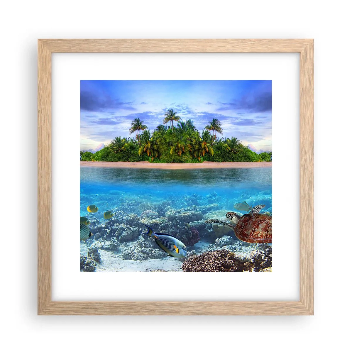 Plagát v ráme zo svetlého duba - Nebeský ostrov pozýva - 30x30 cm