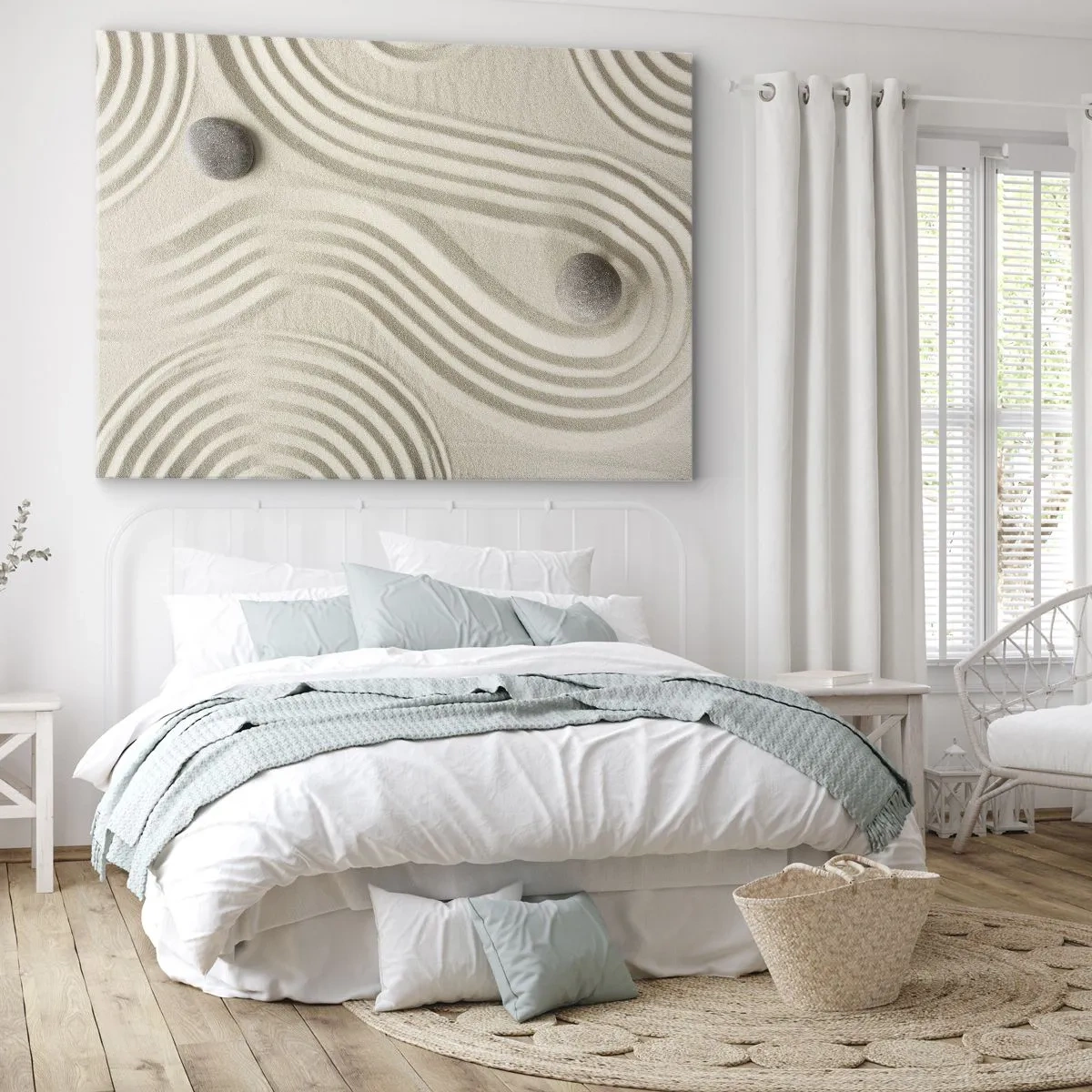 Obraz na plátne - Minimalistický zenový dizajn s pieskom a kameňmi - 70x50cm - Dotyk tepla - Moderná nástenná dekorácia do obývacej izby a spálne ARTTOR