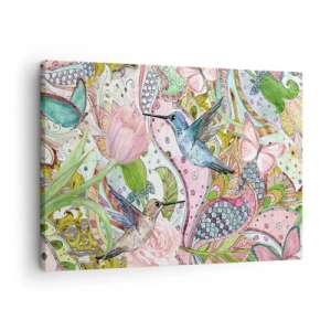 Obraz na plátne - Farebné kolibríky a motýle medzi rastlinami - 70x50cm - Zamotané do lián - Moderná nástenná dekorácia do obývacej izby a spálne ARTTOR
