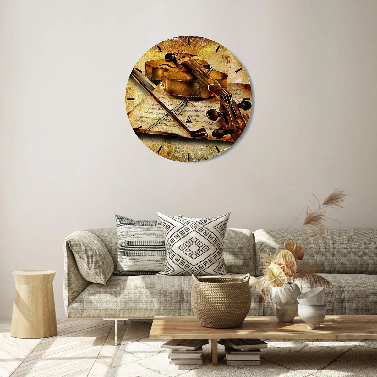 Nástenné hodiny - Motív huslí s hudobnými notami na zlatom podklade - 30x30cm - Okamžite potrebný virtuóz - Moderná nástenná dekorácia do obývacej izby, kuchyne a spálne ARTTOR