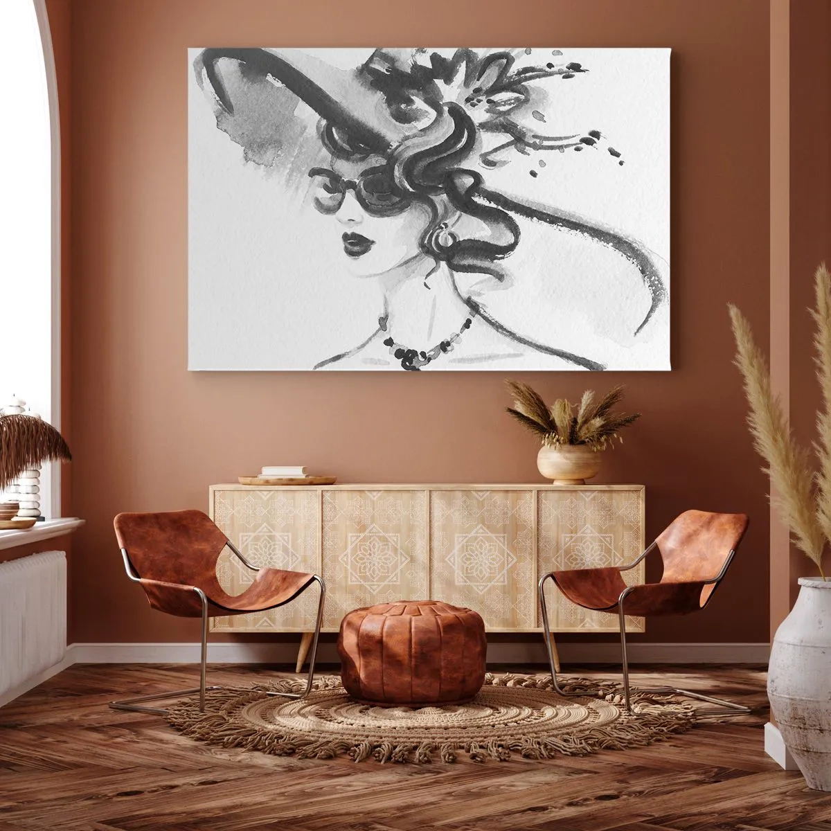 Obraz na plátne - Elegantná žena v klobúku v čiernobielom štýle - 70x50cm - Dáma s charakterom - Moderná nástenná dekorácia do obývacej izby a spálne ARTTOR
