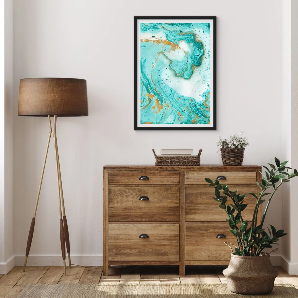 Plagát v čiernom ráme - Tyrkysová a zlatá abstrakcia v mramorovom štýle - 50x70cm - Pod veľkou vlnou z epochy Edo - Moderná nástenná dekorácia do obývacej izby a spálne ARTTOR
