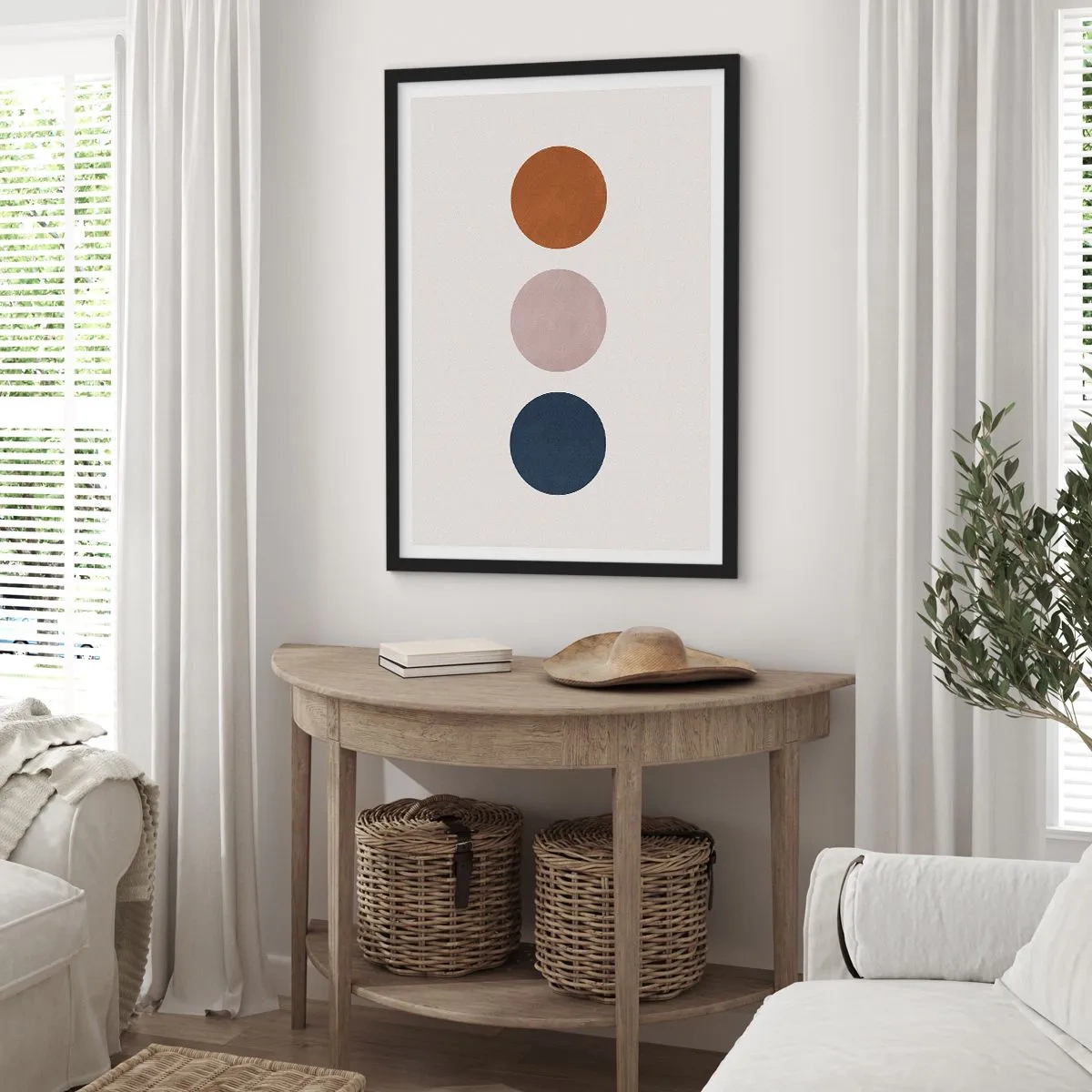 Plagát v čiernom ráme - Minimalistické kruhy v teplých odtieňoch na svetlom pozadí - 50x70cm - Symbol dokonalosti - Moderná nástenná dekorácia do obývacej izby a spálne ARTTOR