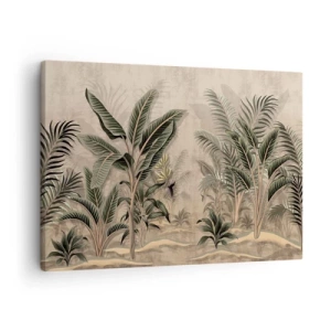 Obraz na plátne - Palmy a tropická vegetácia v odtieňoch zelenej na béžovom pozadí - 70x50cm - Rytina v koloniálnom štýle - Moderná nástenná dekorácia do obývacej izby a spálne ARTTOR