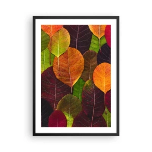 Plagát v čiernom ráme - Farebné listy v odtieňoch zelenej, oranžovej a červenej usporiadané do mozaikového vzoru - 50x70cm - Jesenná mozaika - Moderná nástenná dekorácia do obývacej izby a spálne ARTTOR