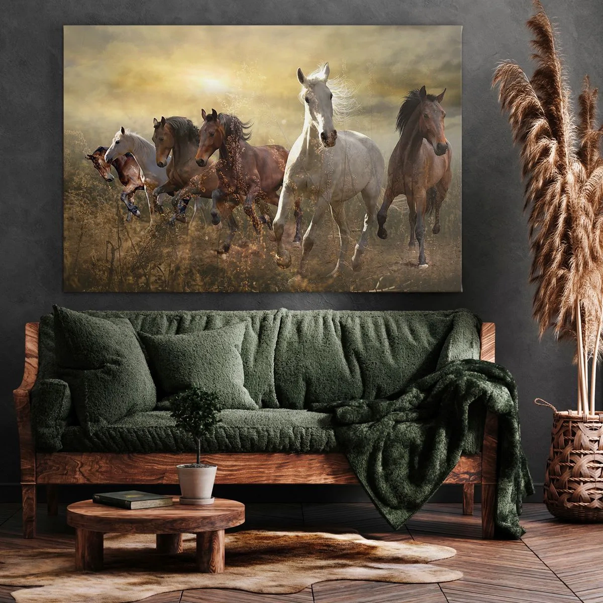 Obraz na plátne - Skupina cválajúcich koní na pozadí zapadajúceho slnka - 70x50cm - Nech žije sloboda! - Moderná nástenná dekorácia do obývacej izby a spálne ARTTOR