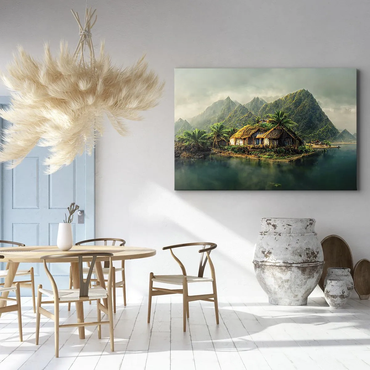 Obraz na plátne - Tropický ostrov s palmami a horami v pozadí - 70x50cm - Tropický raj - Moderná nástenná dekorácia do obývacej izby a spálne ARTTOR
