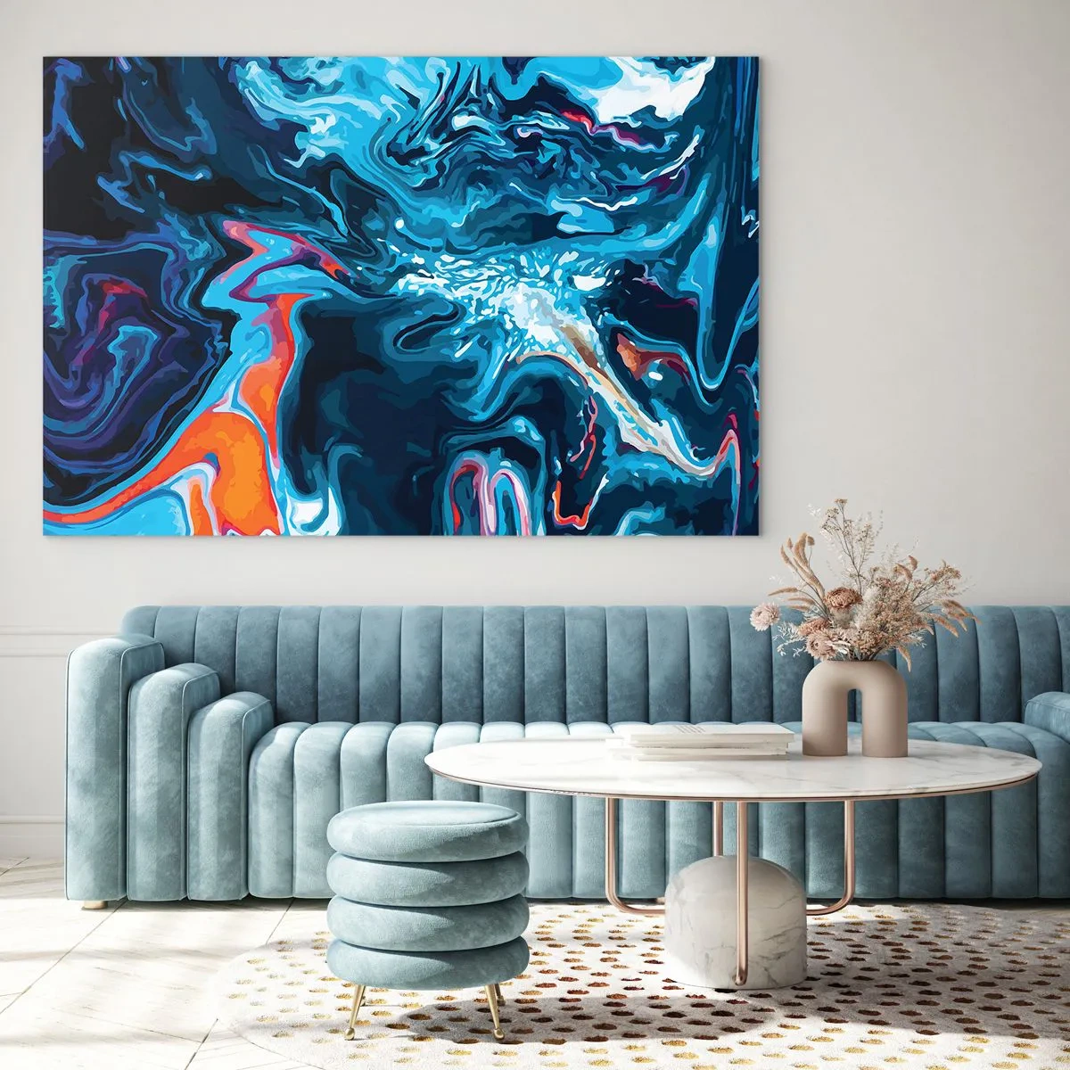 Obraz na skle - Abstraktný vzor v odtieňoch modrej s akcentmi červenej a bielej. - 70x50cm - Cesta do stredu neba - Moderná nástenná dekorácia do obývacej izby a spálne ARTTOR