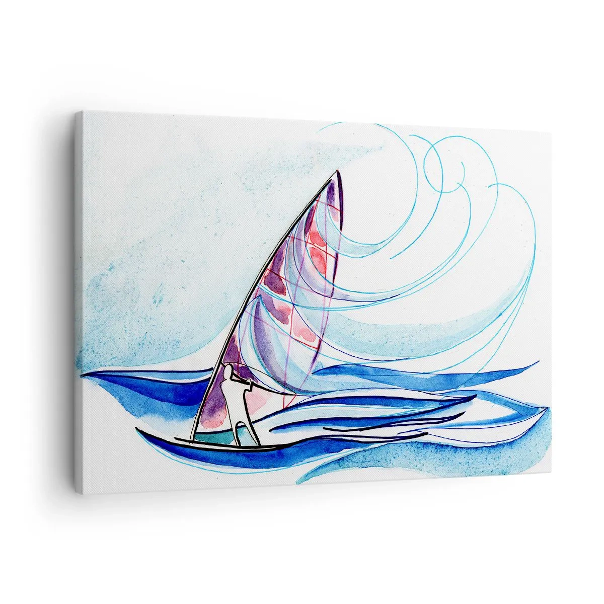 Obraz na plátne - Surfer jazdiaci na vlnách v abstraktnej akvarelovej kompozícii - 70x50cm - S vetrom v rytme vĺn - Moderná nástenná dekorácia do obývacej izby a spálne ARTTOR