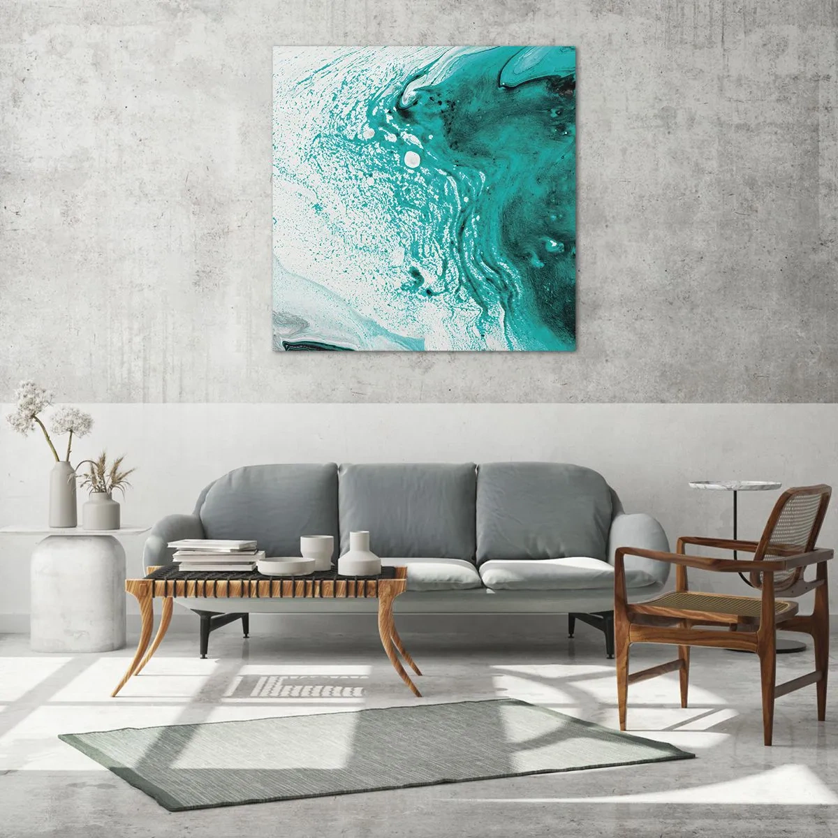 Obraz na skle - Prepadnúť sa v bielej a tyrkysovej - 60x60 cm