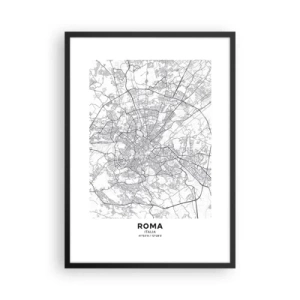 Plagát v čiernom ráme - Čiernobiela mapa Ríma s podrobnými ulicami a pamiatkami - 50x70cm - Rímsky kruh - Moderná nástenná dekorácia do obývacej izby a spálne ARTTOR