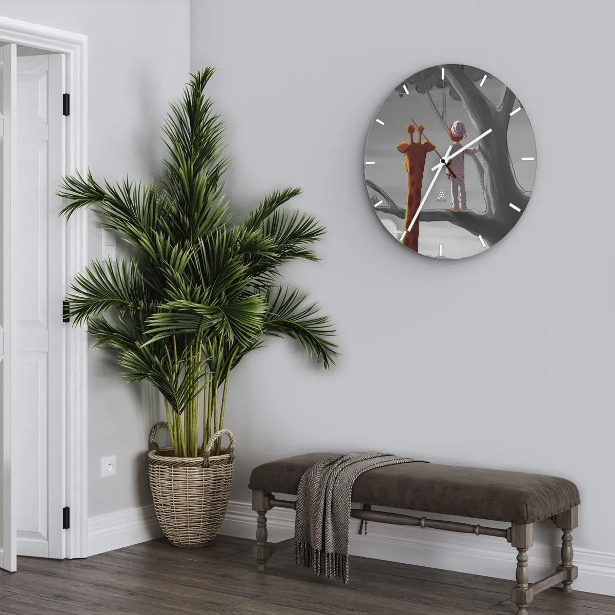 Nástenné hodiny - Dieťa v pyžame a žirafa stoja spolu na konári stromu. - 30x30cm - To sa naozaj deje - Moderná nástenná dekorácia do obývacej izby, kuchyne a spálne ARTTOR