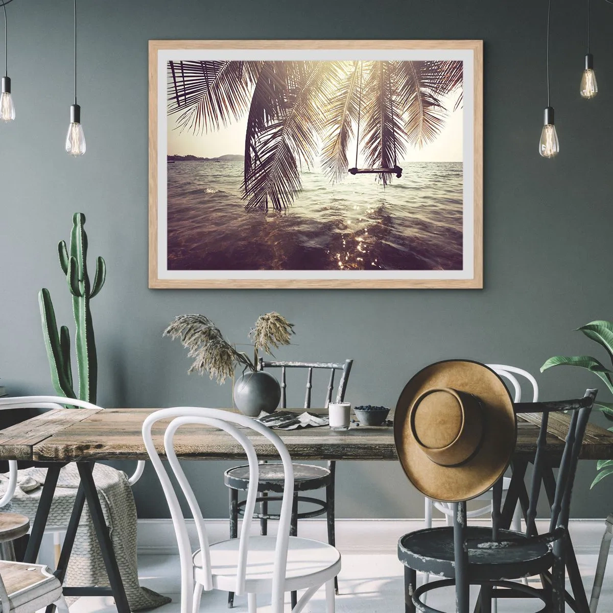 Plagát v ráme zo svetlého duba - Hojdať sa ľubovoľne v oblakoch - 100x70 cm