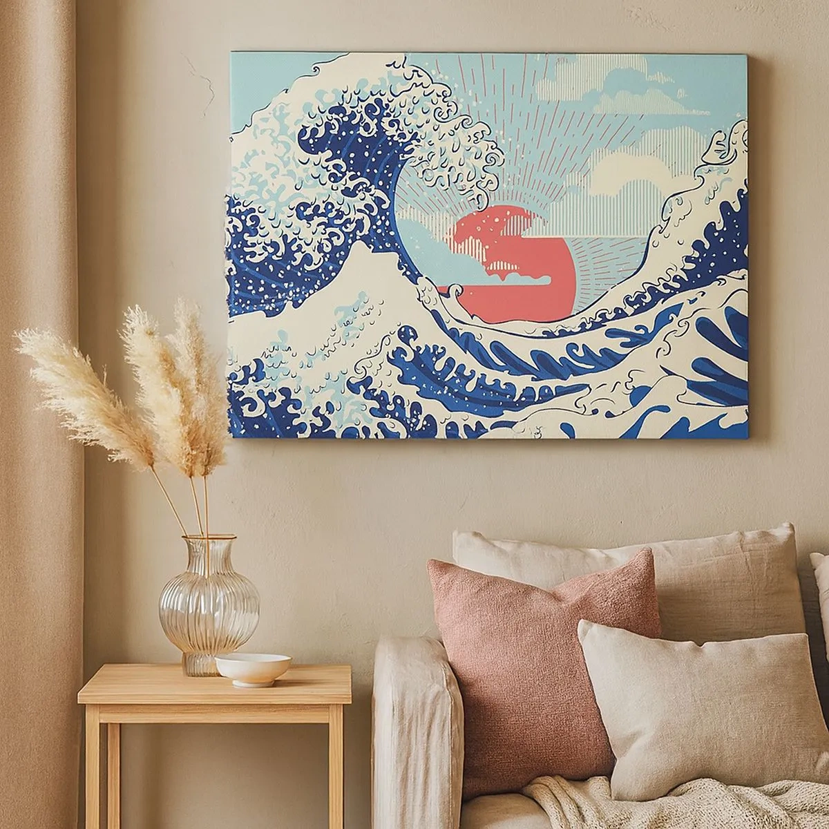 Obraz na plátne - Oceánske vlny a západ slnka v japonskom štýle - 70x50cm - Z japonských inšpirácií - Moderná nástenná dekorácia do obývacej izby a spálne ARTTOR