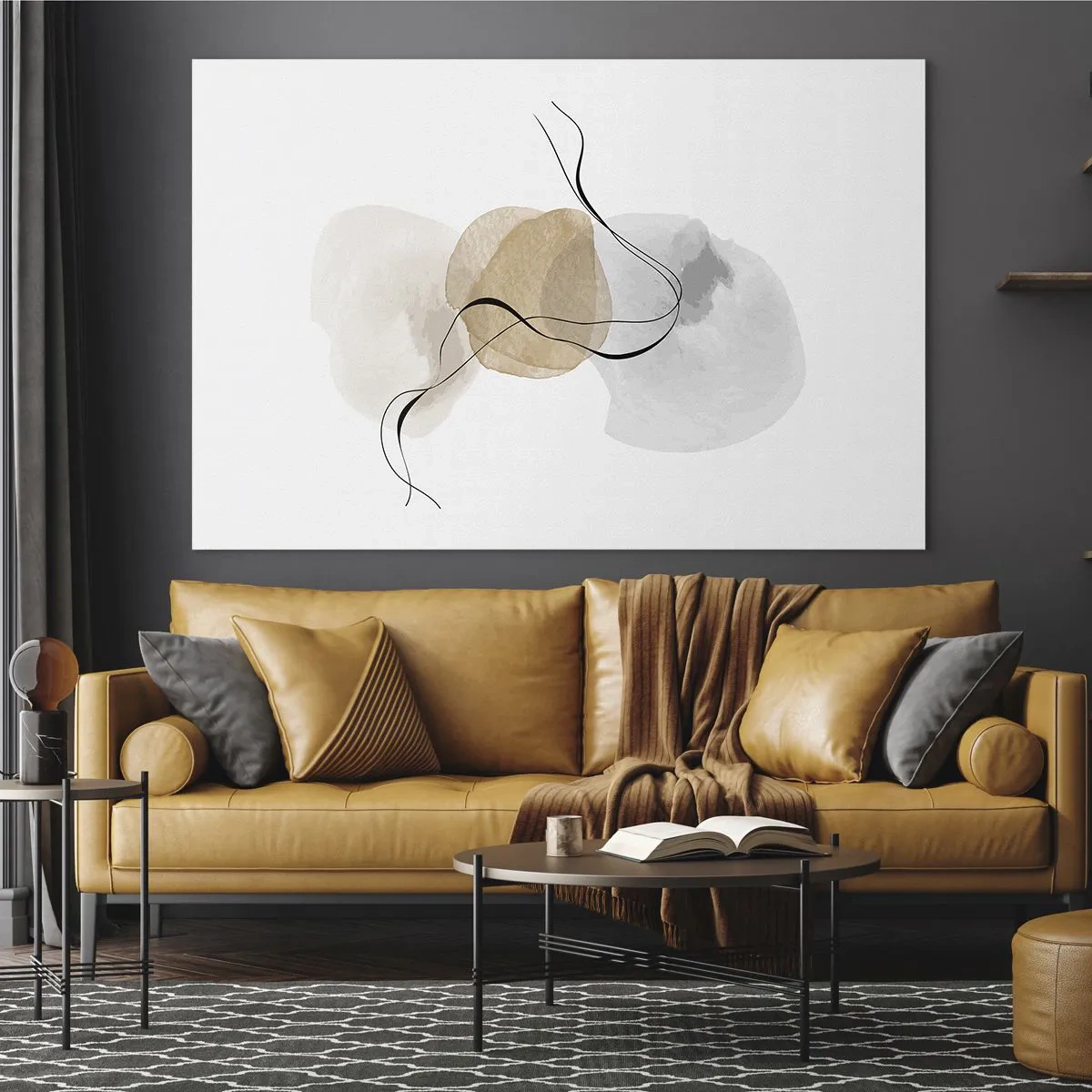 Obraz na skle - Jemná abstrakcia s pastelovými škvrnami a čiernymi čiarami. - 70x50cm - Vzdušné korálky - Moderná nástenná dekorácia do obývacej izby a spálne ARTTOR