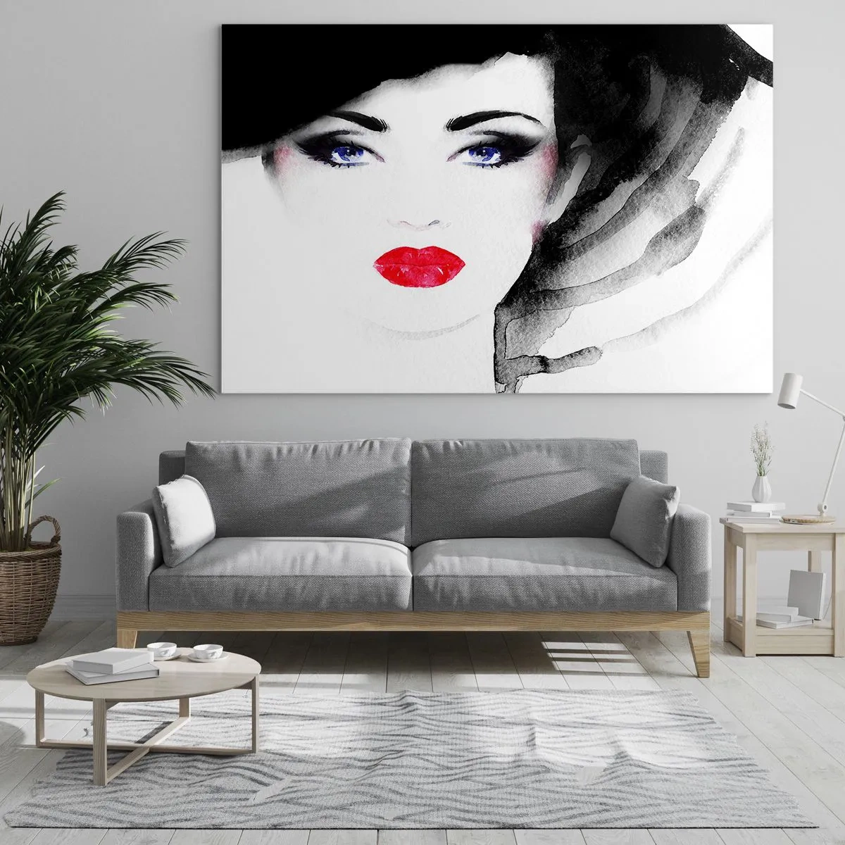 Obraz na skle - Portrét ženy s výraznými červenými perami a čiernym klobúkom - 70x50cm - Odháňa a privoláva - Moderná nástenná dekorácia do obývacej izby a spálne ARTTOR