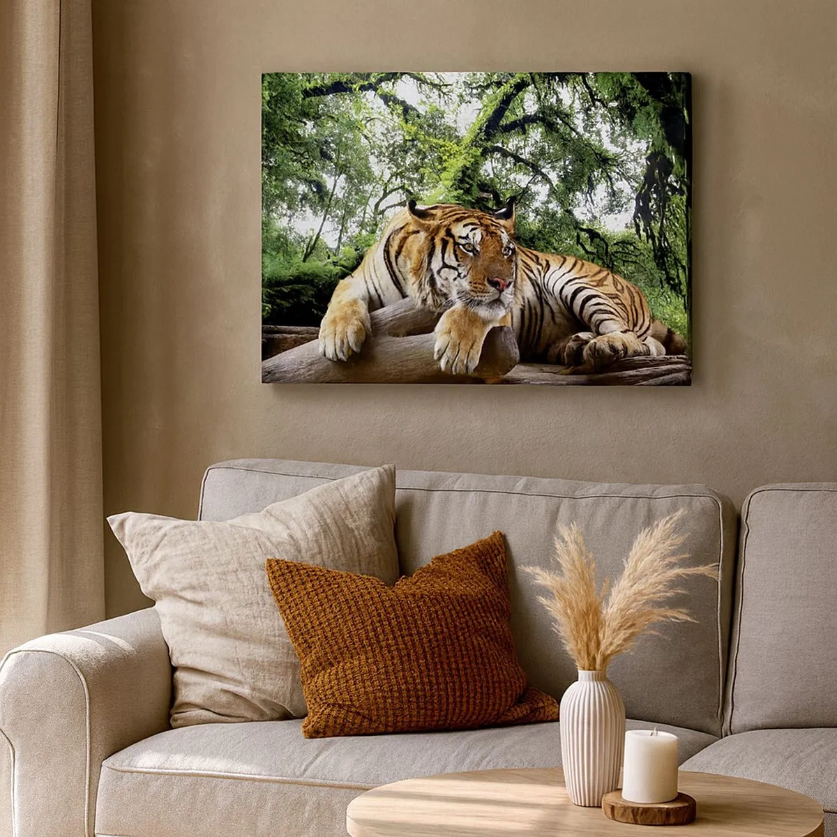 Obraz na plátne - Tiger odpočíva v tropickom lese - 70x50cm - S úctou - Moderná nástenná dekorácia do obývacej izby a spálne ARTTOR