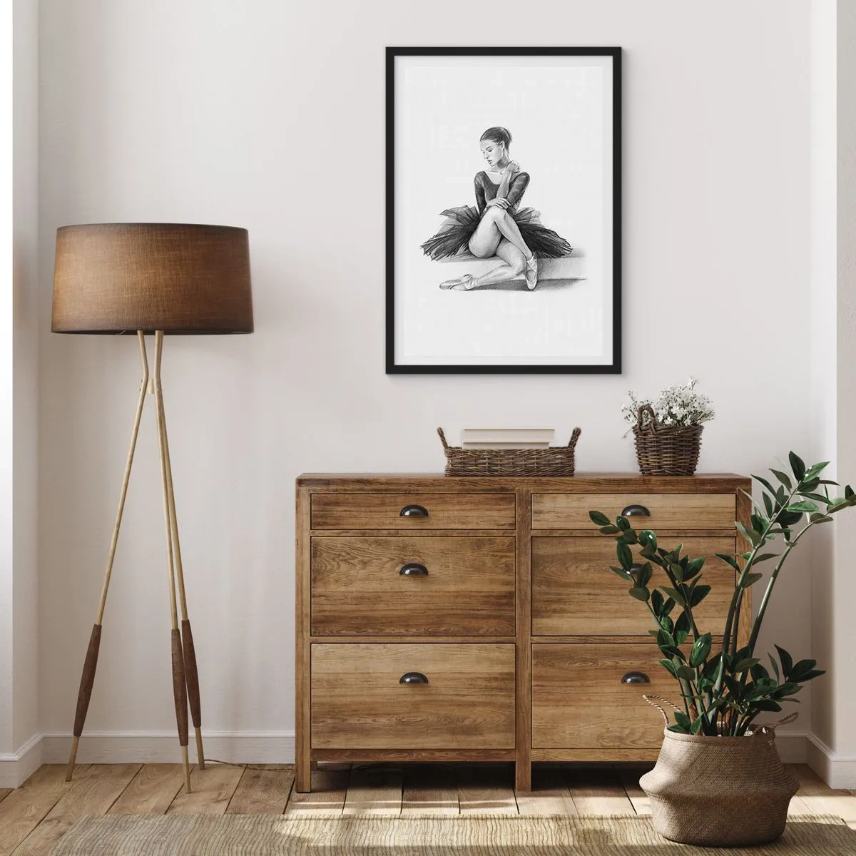 Plagát v čiernom ráme - Náčrt baleríny sediacej v pokoji - 50x70cm - Očarená tancom - Moderná nástenná dekorácia do obývacej izby a spálne ARTTOR