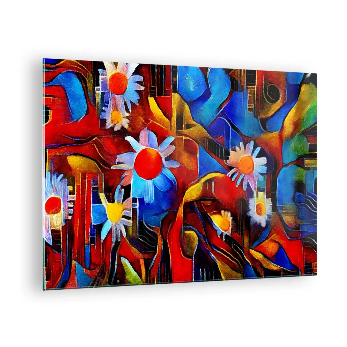 Obraz na skle - Farebné abstraktné kvety na pozadí intenzívnych farieb - 70x50cm - Farby života - Moderná nástenná dekorácia do obývacej izby a spálne ARTTOR