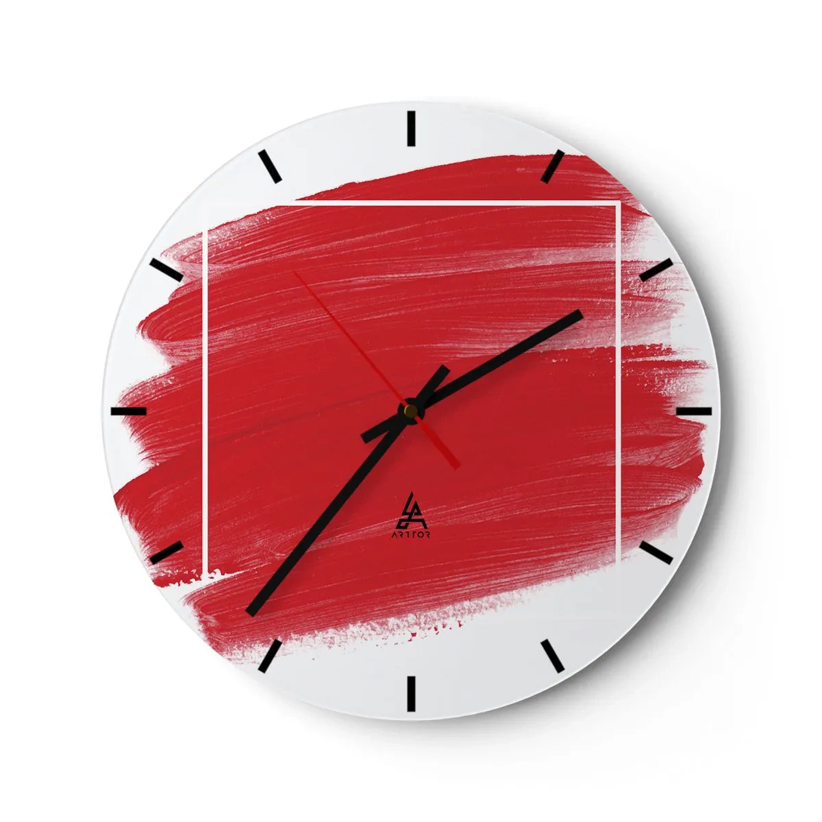 Nástenné hodiny - Ťah červeného štetca prechádzajúci bielym okrajom - 30x30cm - Mimo rám - Moderná nástenná dekorácia do obývacej izby, kuchyne a spálne ARTTOR