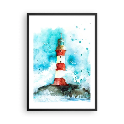 Plagát v čiernom ráme - Maják v štýle akvarelu s morskými vlnami - 50x70cm - Jednota živlov - Moderná nástenná dekorácia do obývacej izby a spálne ARTTOR